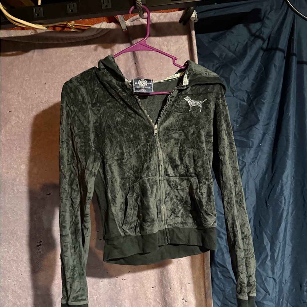 PINK Victoria's Secret Velour Dark Gray Zip-Up Hoodie
